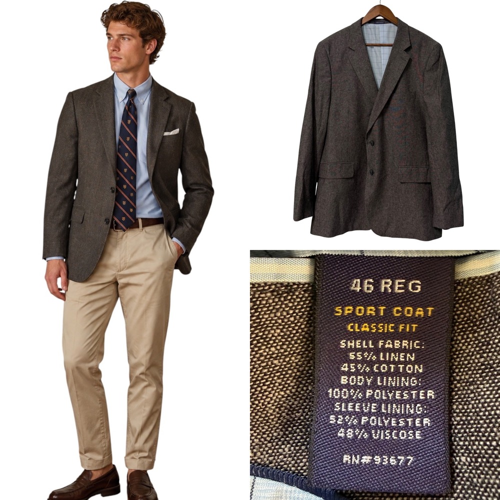 Mens 46R Sport Coat Classic Fit Grey Linen Cotton Blazer Jacket Preppy Old Money